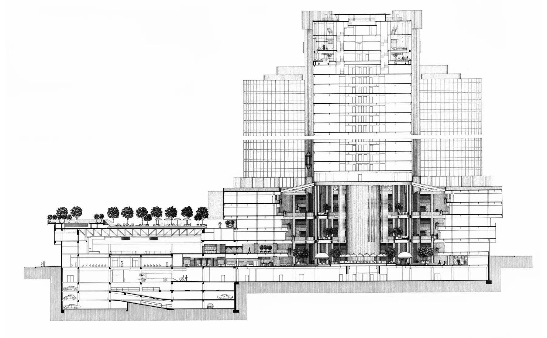 Base drawing — hand-drafted pencil section of the existing configuration: underground parking, stepped podium with roof terrace, cylindrical atrium core, and tower massing. A real architectural drawing, not AI-generated — the input for Iteration 01.