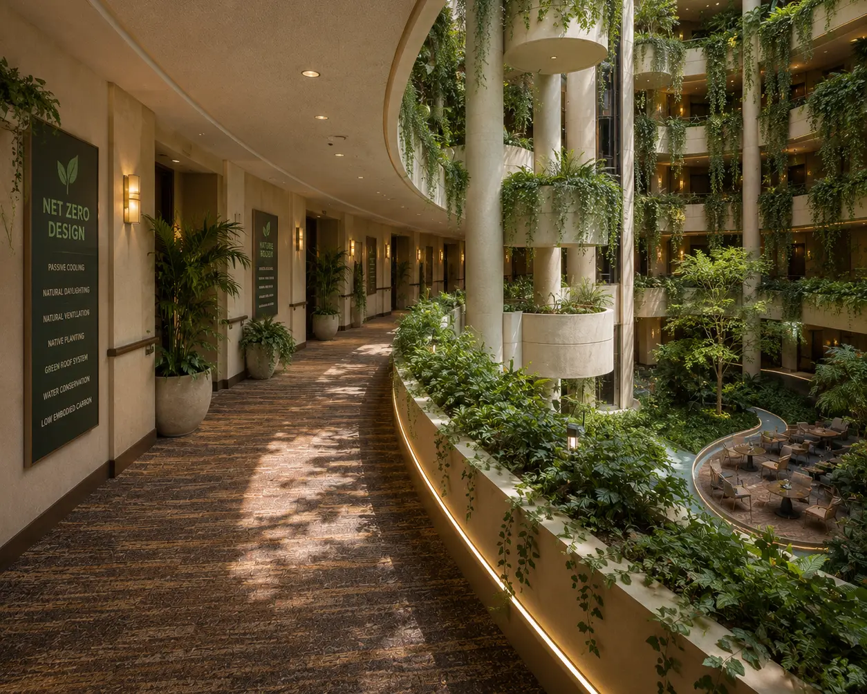Biophilic atrium — cascading green walls floor-to-floor, passive stack-effect ventilation in place of mechanical systems, and restored daylighting from above. The atrium becomes the building’s ecological core.