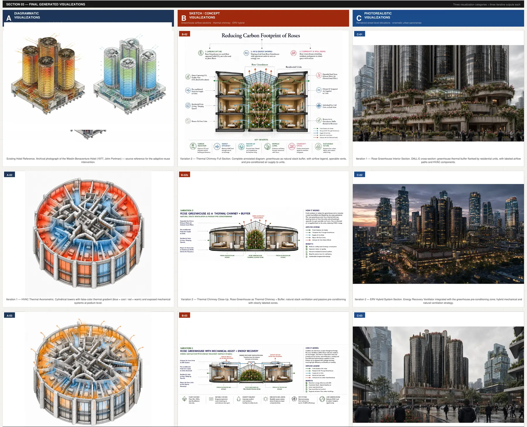 Final generated visualizations — three visualization categories × three iterative outputs each
